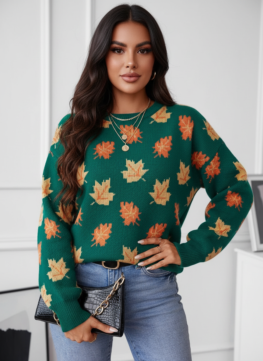 Herfst gebreide trui met bladmotief