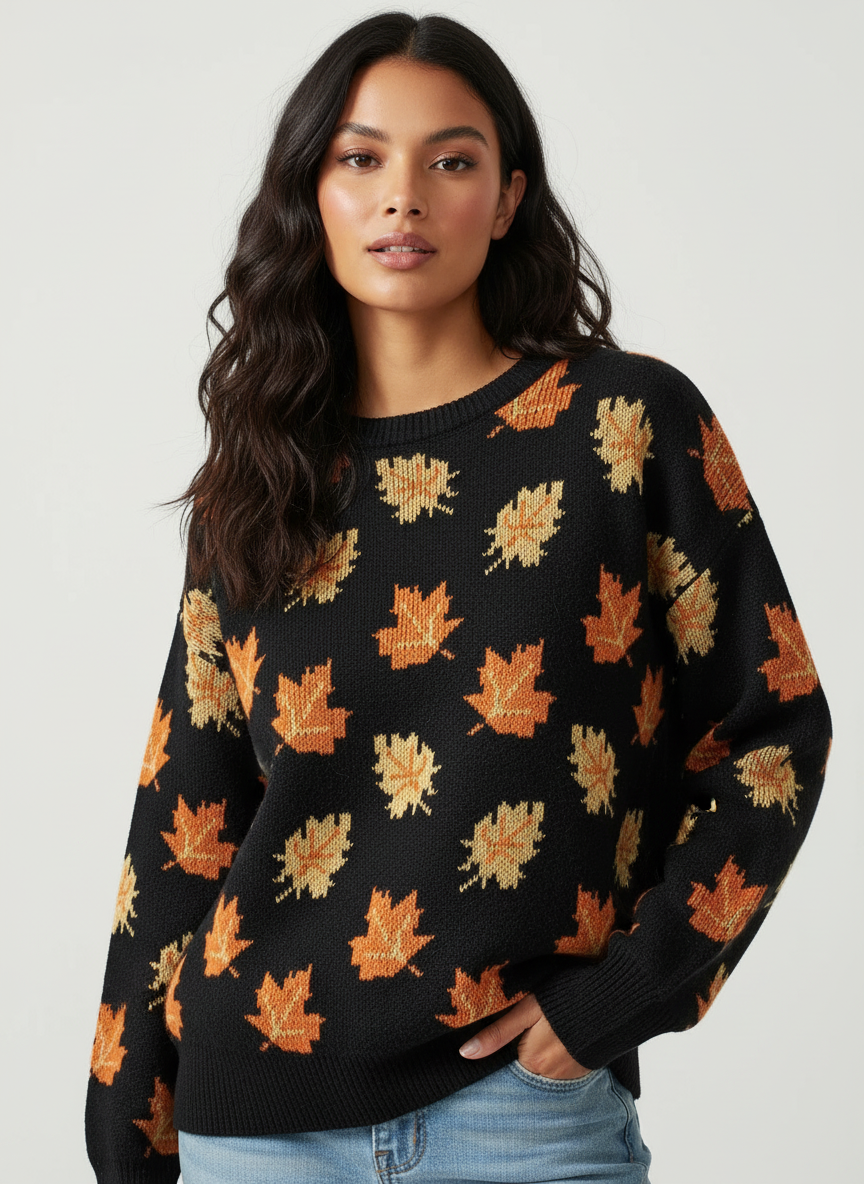 Herfst gebreide trui met bladmotief