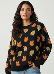 Herfst gebreide trui met bladmotief