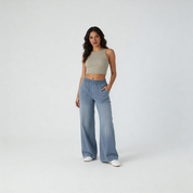 Hoge taille broek met elastische tailleband en wijde pijpen