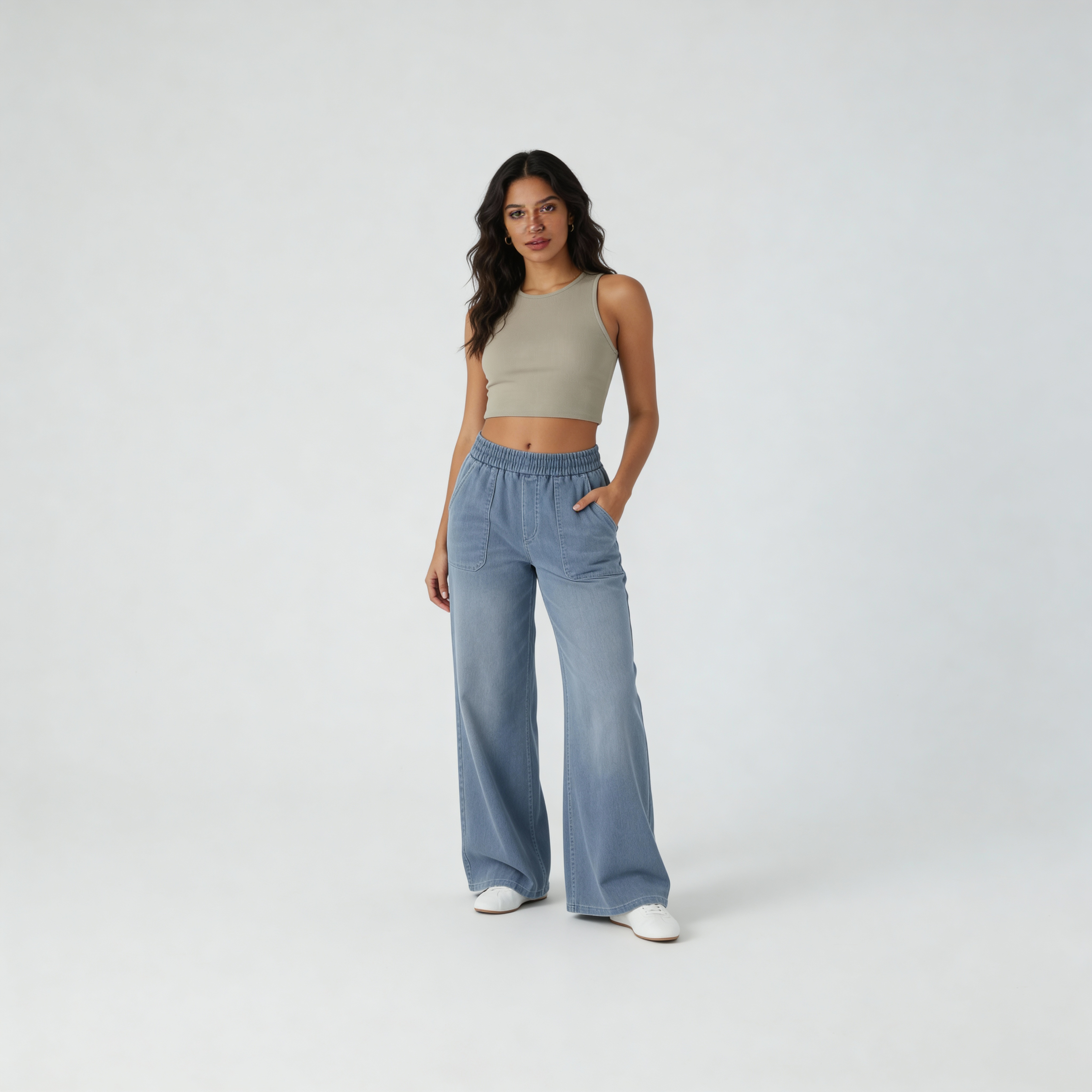 Hoge taille broek met elastische tailleband en wijde pijpen