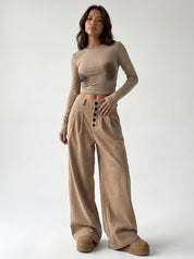 Hoge taille corduroy palazzo broek met knopen – Aurianne