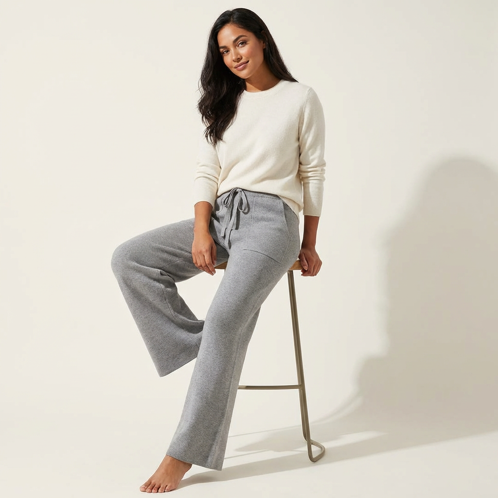 Hoge taille gebreide broek met wijde pijp – Eléonore