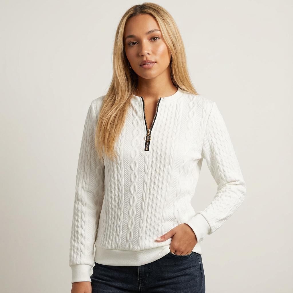 Kabelgebreide dames pullover met ritskraag en structuurbreisel