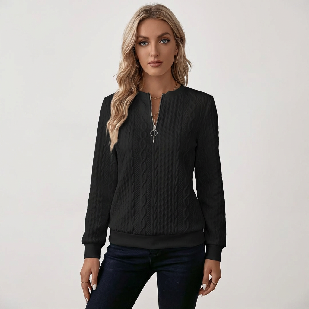 Kabelgebreide dames pullover met ritskraag en structuurbreisel