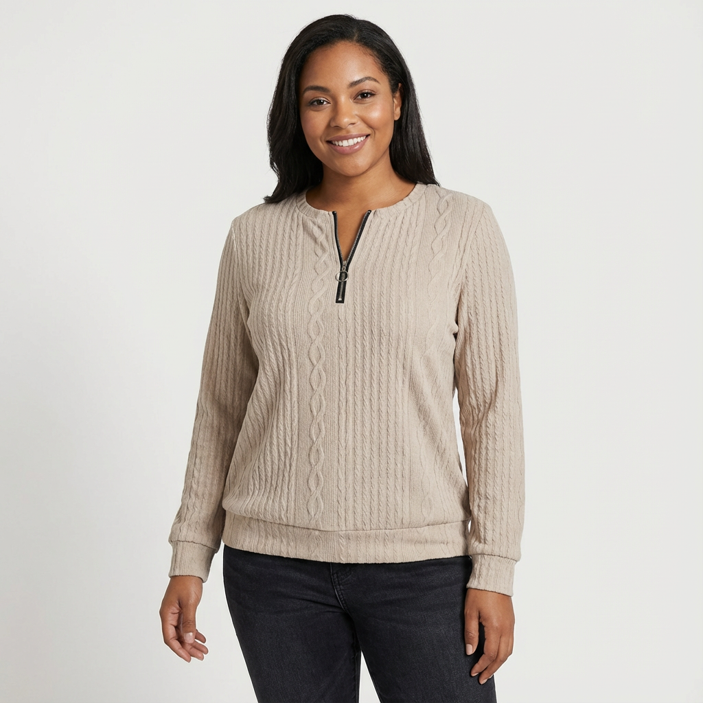 Kabelgebreide dames pullover met ritskraag en structuurbreisel