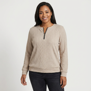 Kabelgebreide dames pullover met ritskraag en structuurbreisel