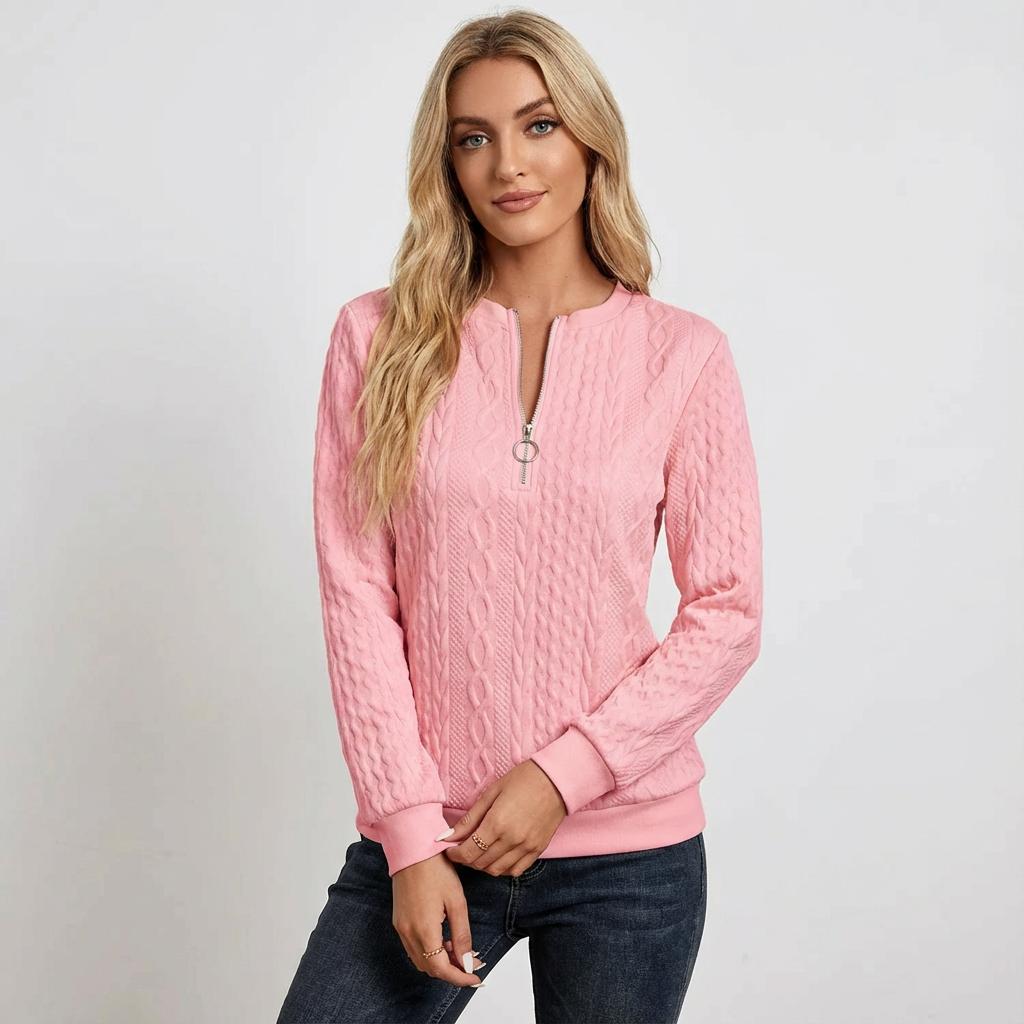 Kabelgebreide dames pullover met ritskraag en structuurbreisel