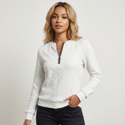 Kabelgebreide dames pullover met ritskraag en structuurbreisel