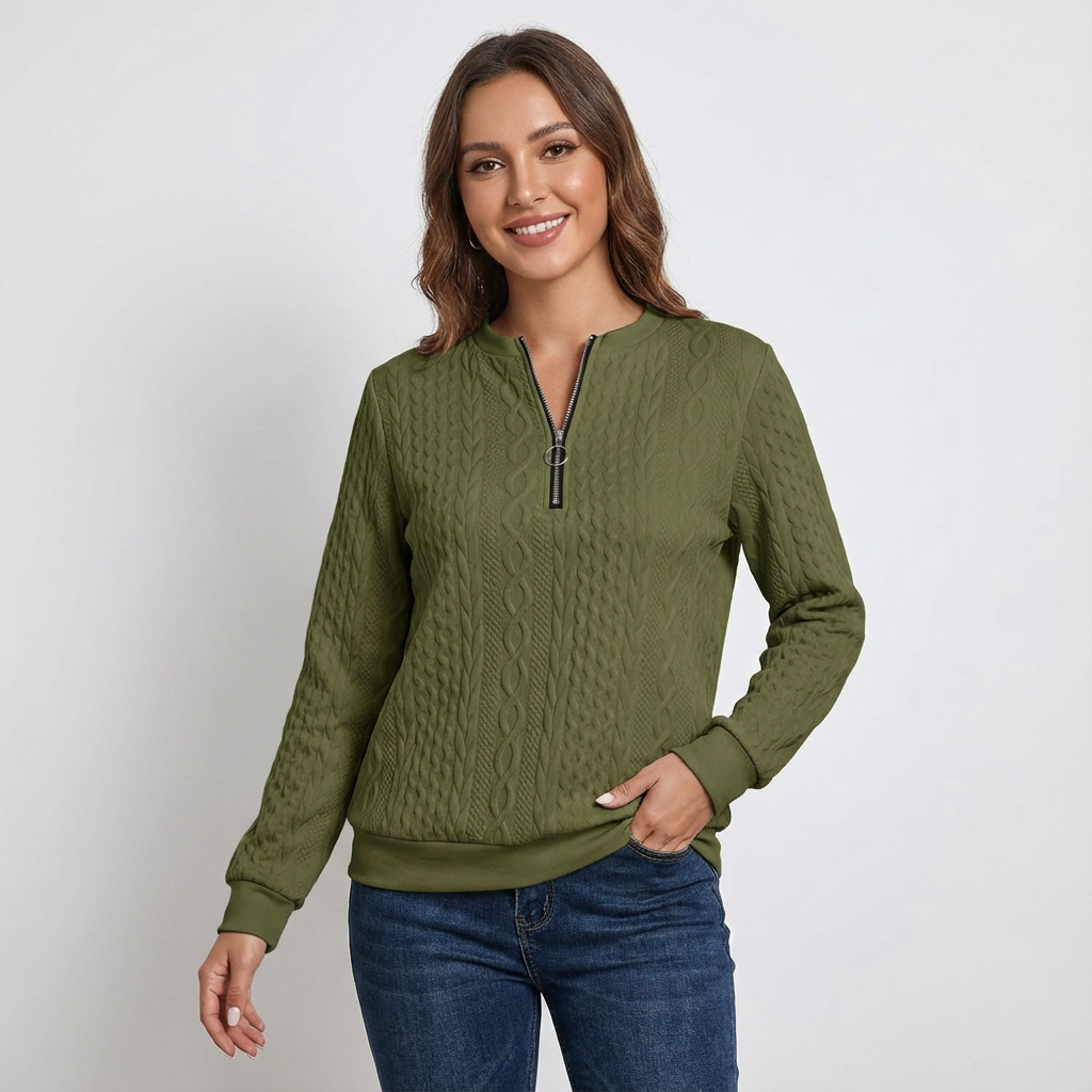 Kabelgebreide dames pullover met ritskraag en structuurbreisel