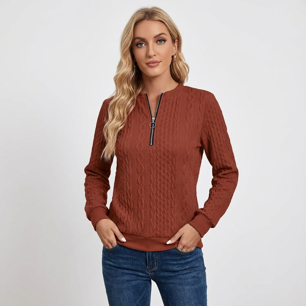 Kabelgebreide dames pullover met ritskraag en structuurbreisel