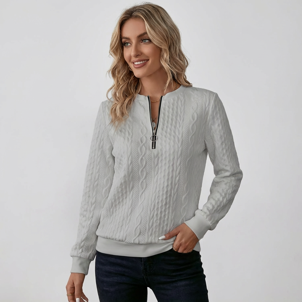 Kabelgebreide dames pullover met ritskraag en structuurbreisel