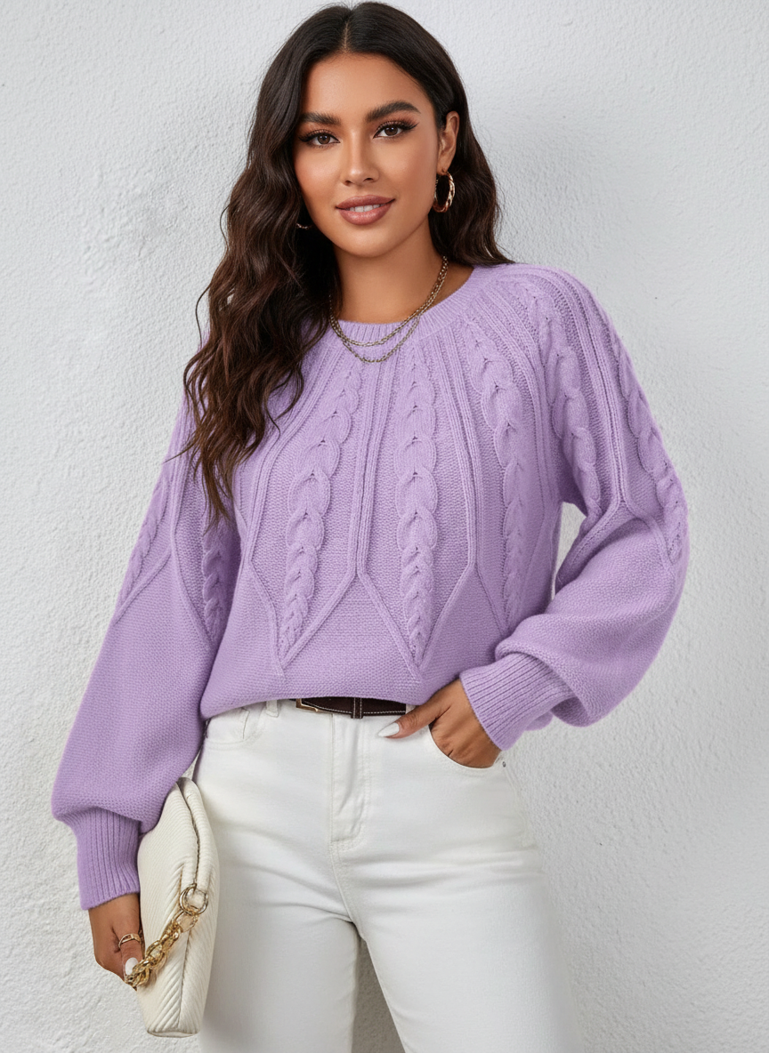 Kabelgebreide dames trui met volume mouwen – Merel