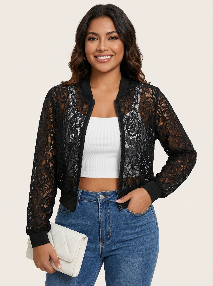 Kanten cropped bomberjack voor dames – Celina