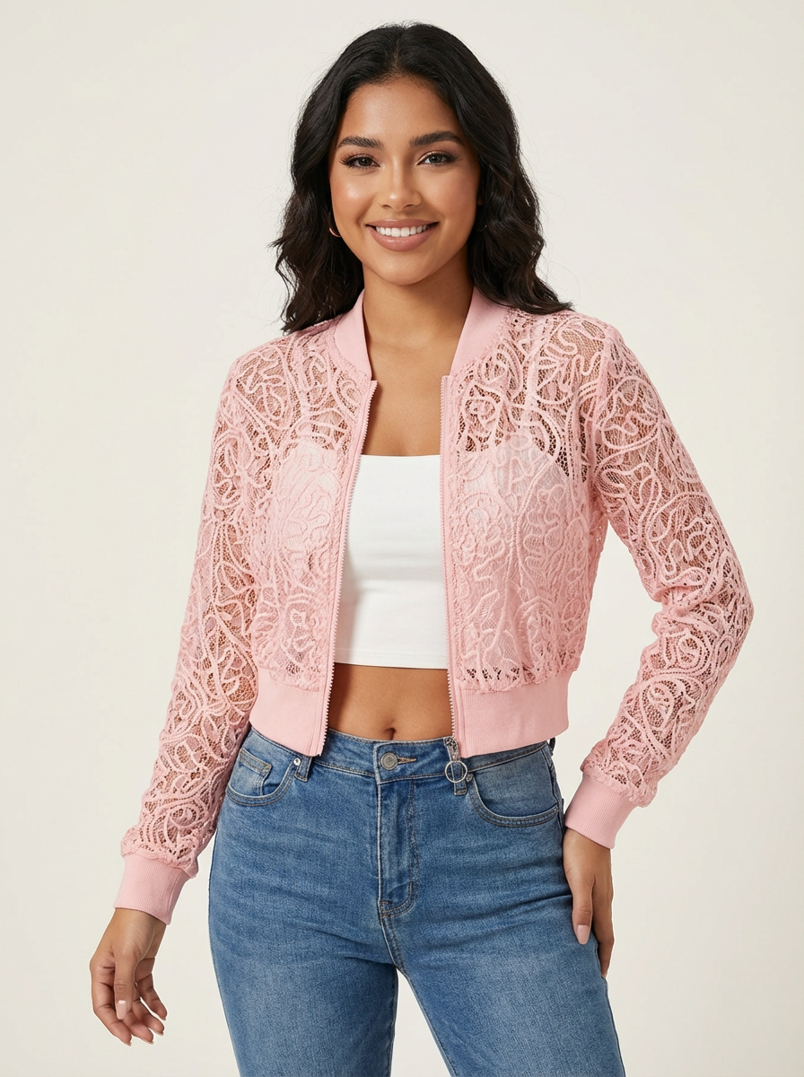 Kanten cropped bomberjack voor dames – Celina