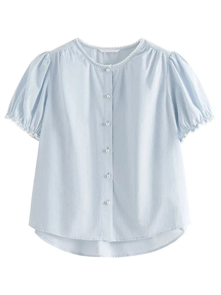 Katoenen blouse met pofmouwen en kanten afwerking – Violette