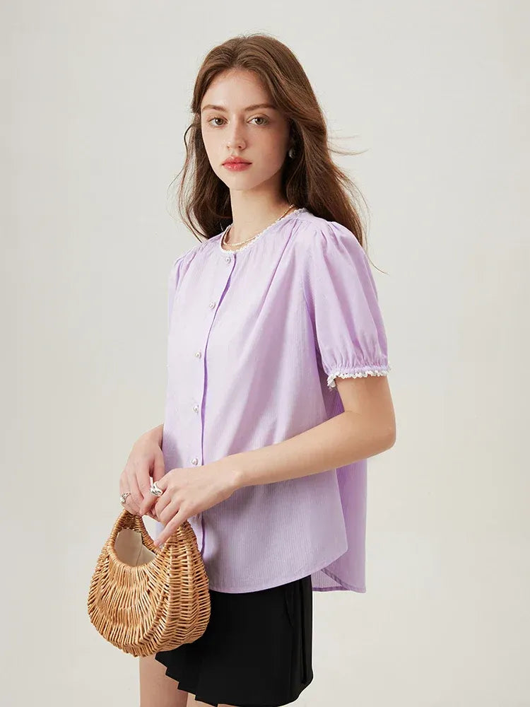 Katoenen blouse met pofmouwen en kanten afwerking – Violette