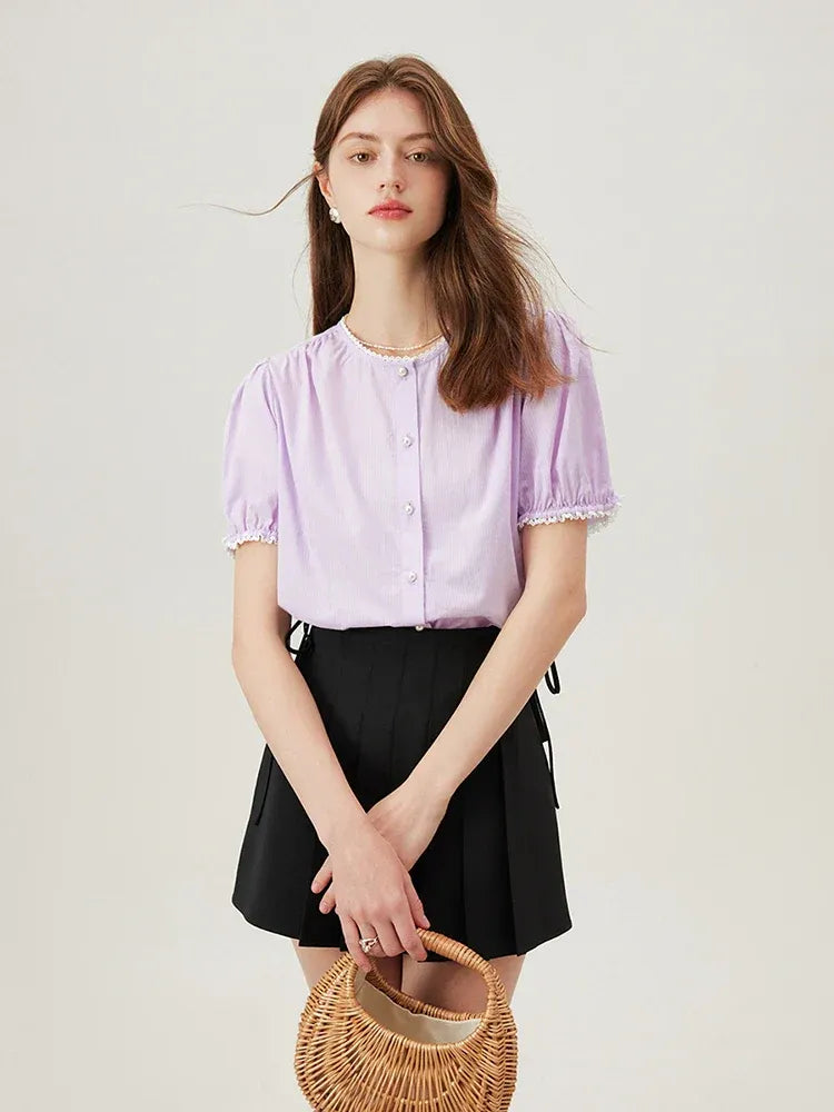 Katoenen blouse met pofmouwen en kanten afwerking – Violette