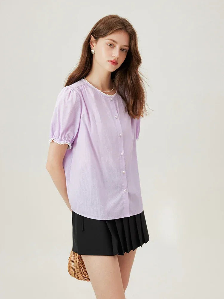 Katoenen blouse met pofmouwen en kanten afwerking – Violette