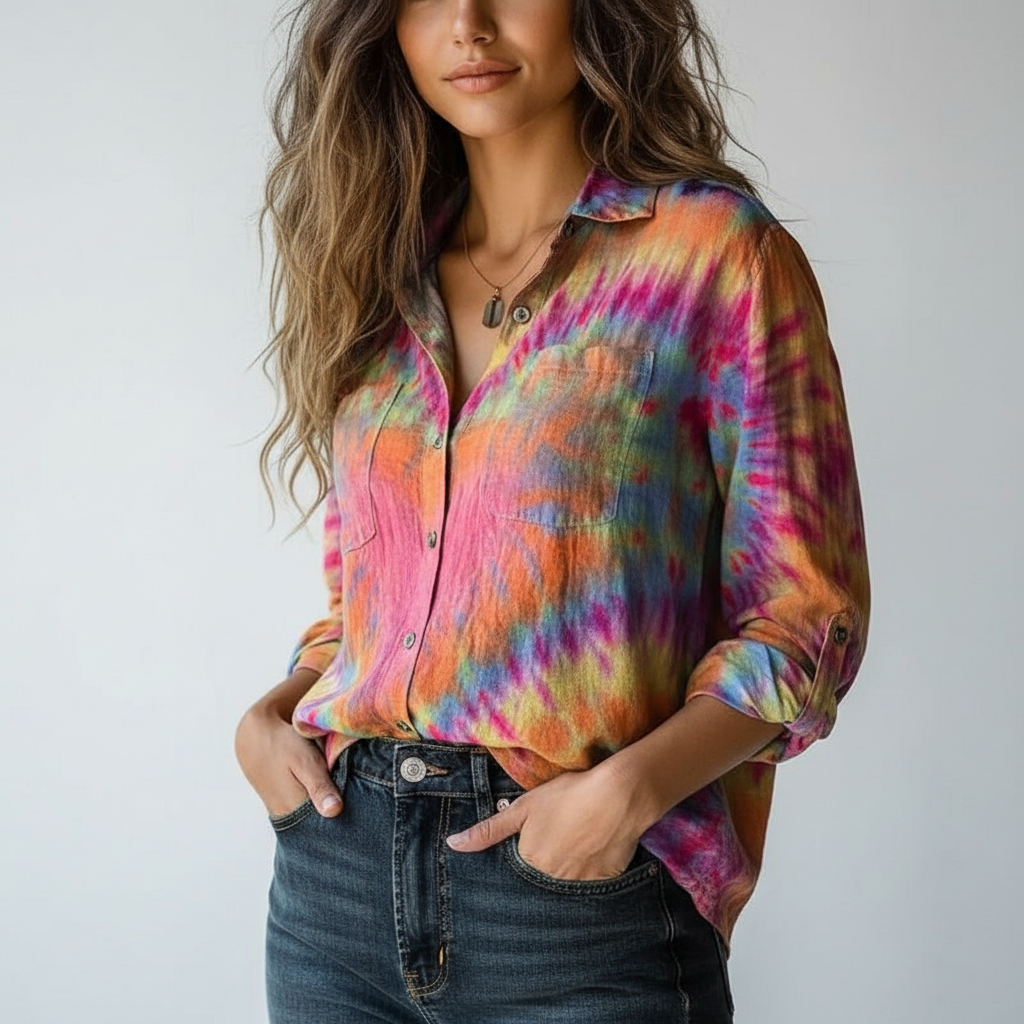 Kleurrijke dames blouse met tie-dye print en knoopsluiting - Soraya