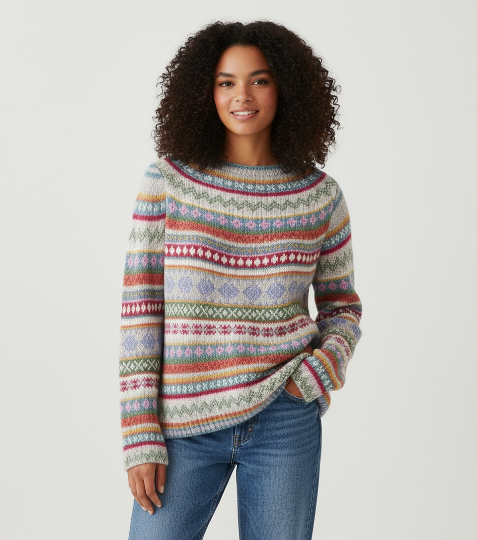 Kleurrijke gebreide damestrui met rond halsdetail