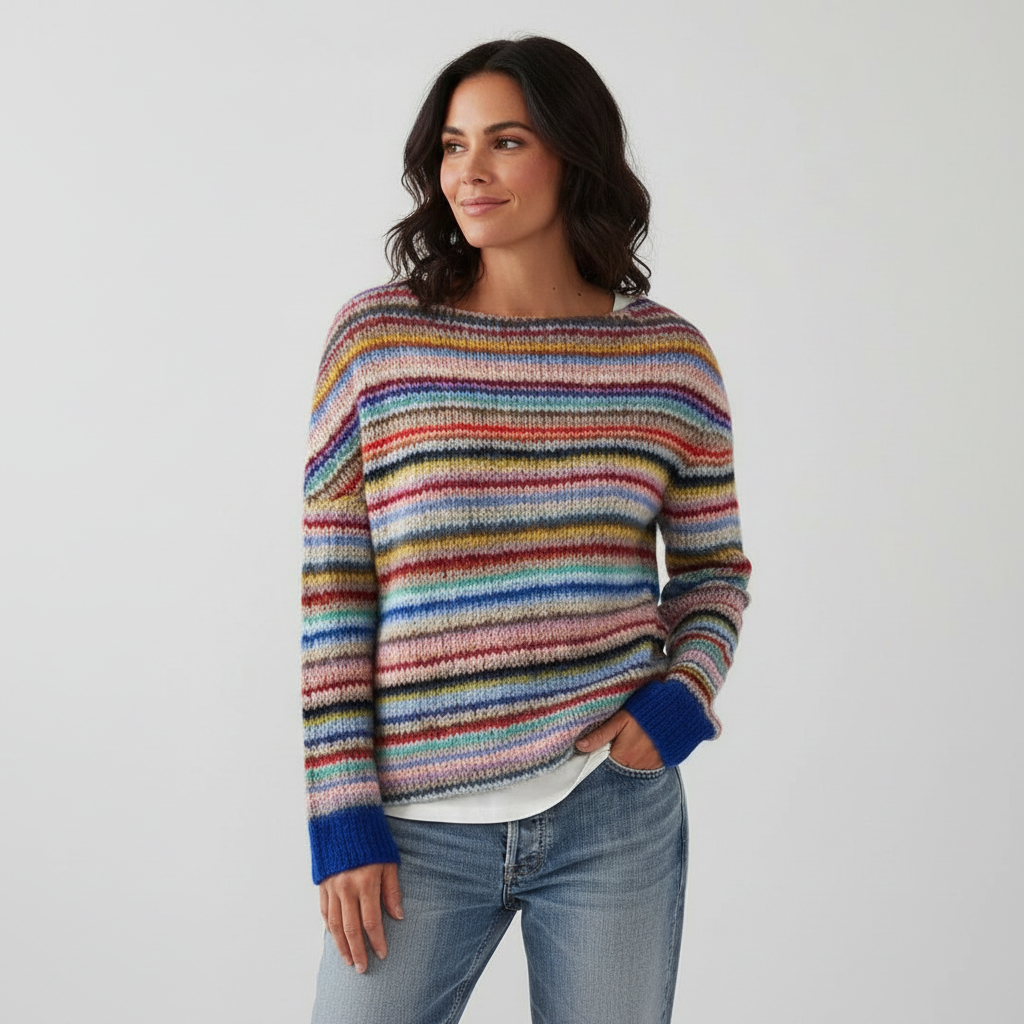 Kleurrijke gebreide damestrui met rond halsdetail