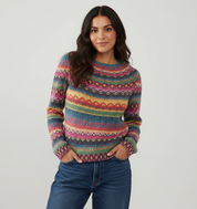 Kleurrijke gebreide damestrui met rond halsdetail