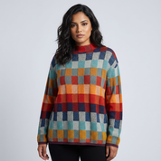 Kleurrijke geruite dames trui met lange mouwen en ronde hals