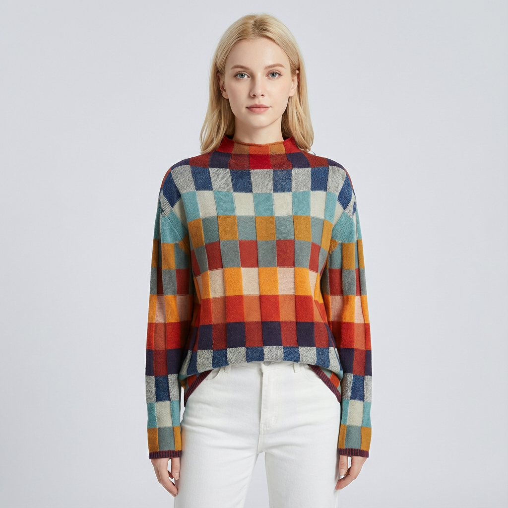 Kleurrijke geruite dames trui met lange mouwen en ronde hals
