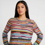 Kleurrijke gestreepte gebreide damestrui met ronde hals