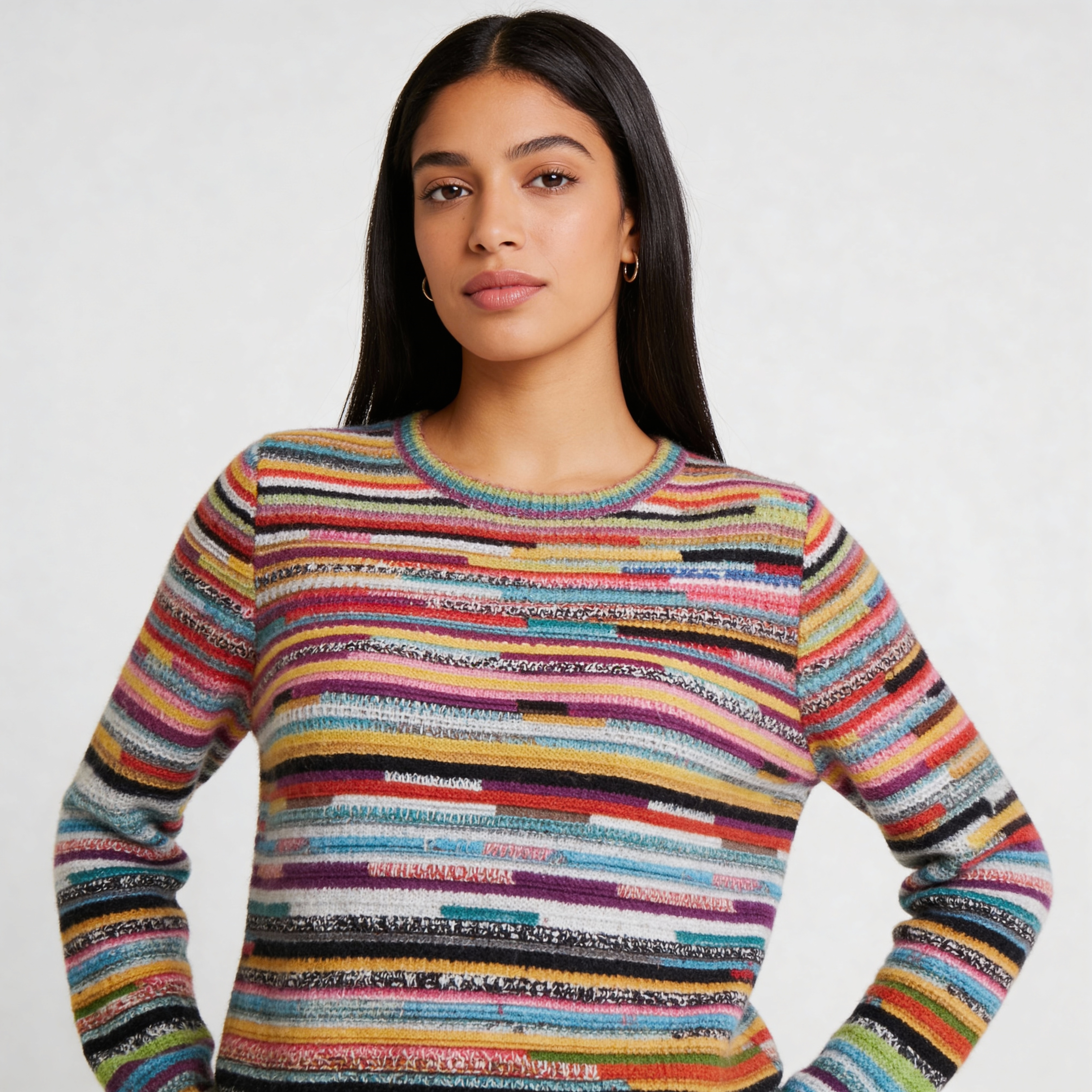 Kleurrijke gestreepte gebreide damestrui met ronde hals