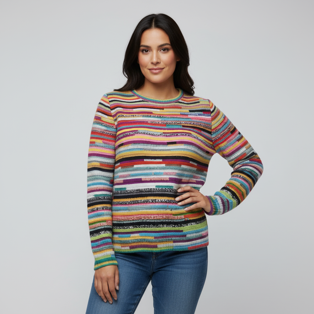 Kleurrijke gestreepte gebreide damestrui met ronde hals