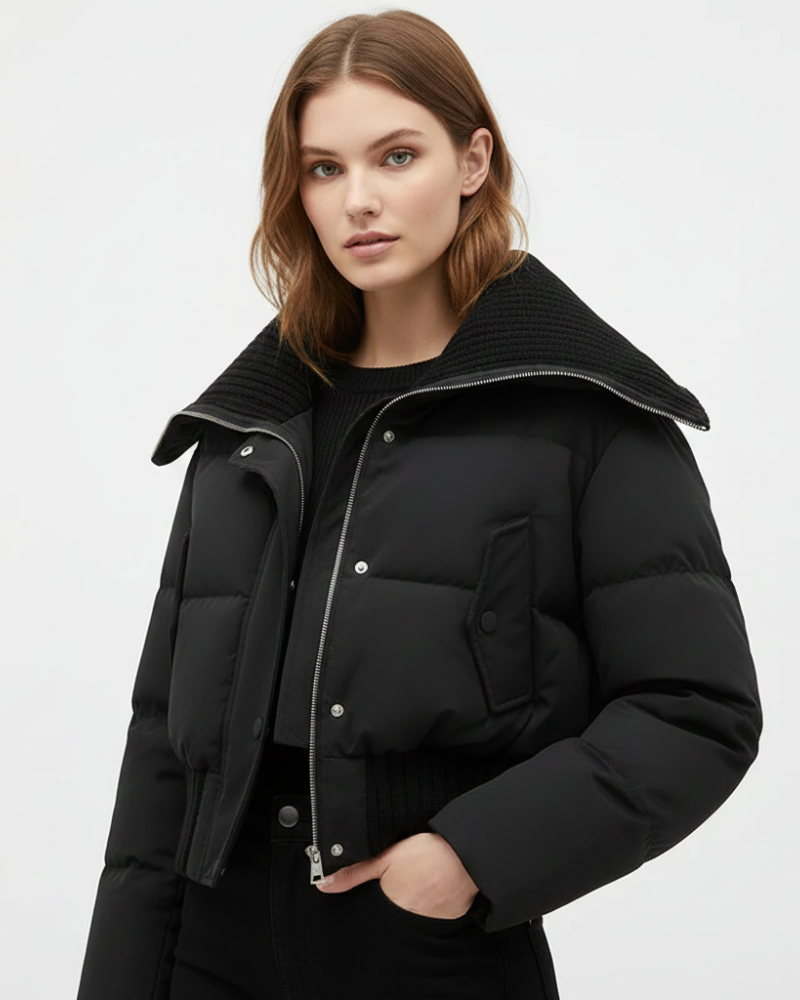 Korte gewatteerde dames pufferjas met brede kraag – Vivienne