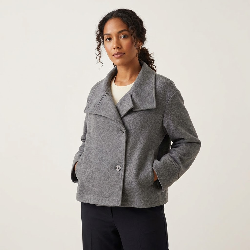 Korte minimalistische dames jas met hoge kraag – Femke