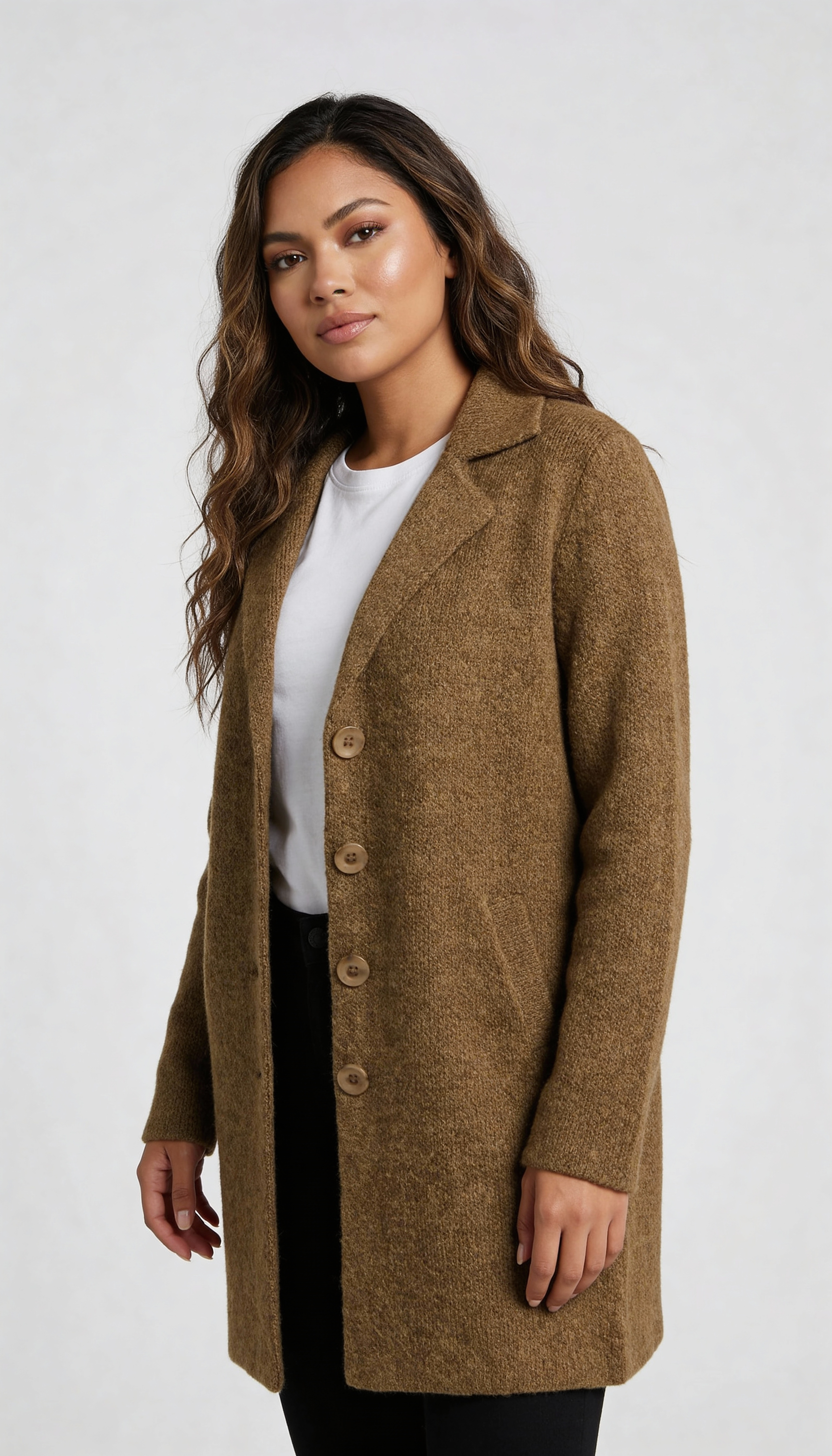 Lange casual damesmantel met omslagkraag