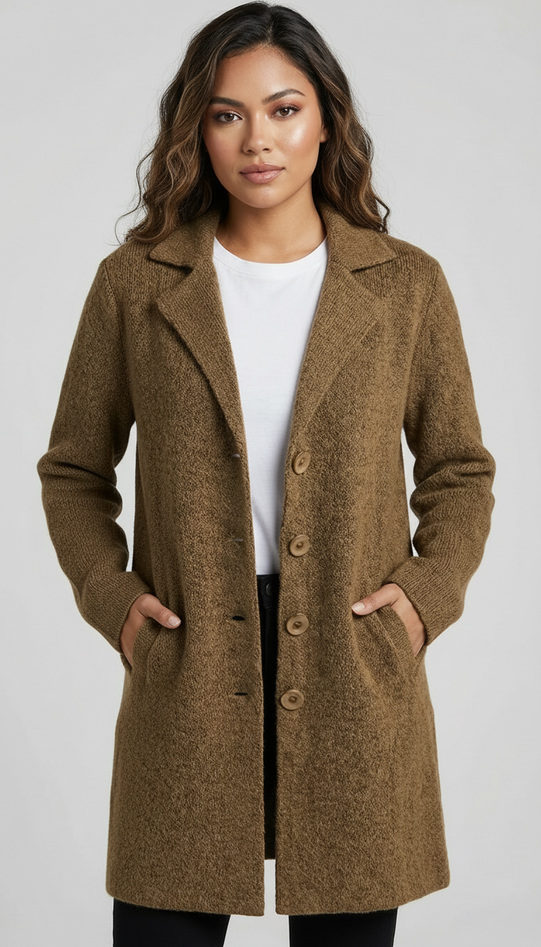 Lange casual damesmantel met omslagkraag