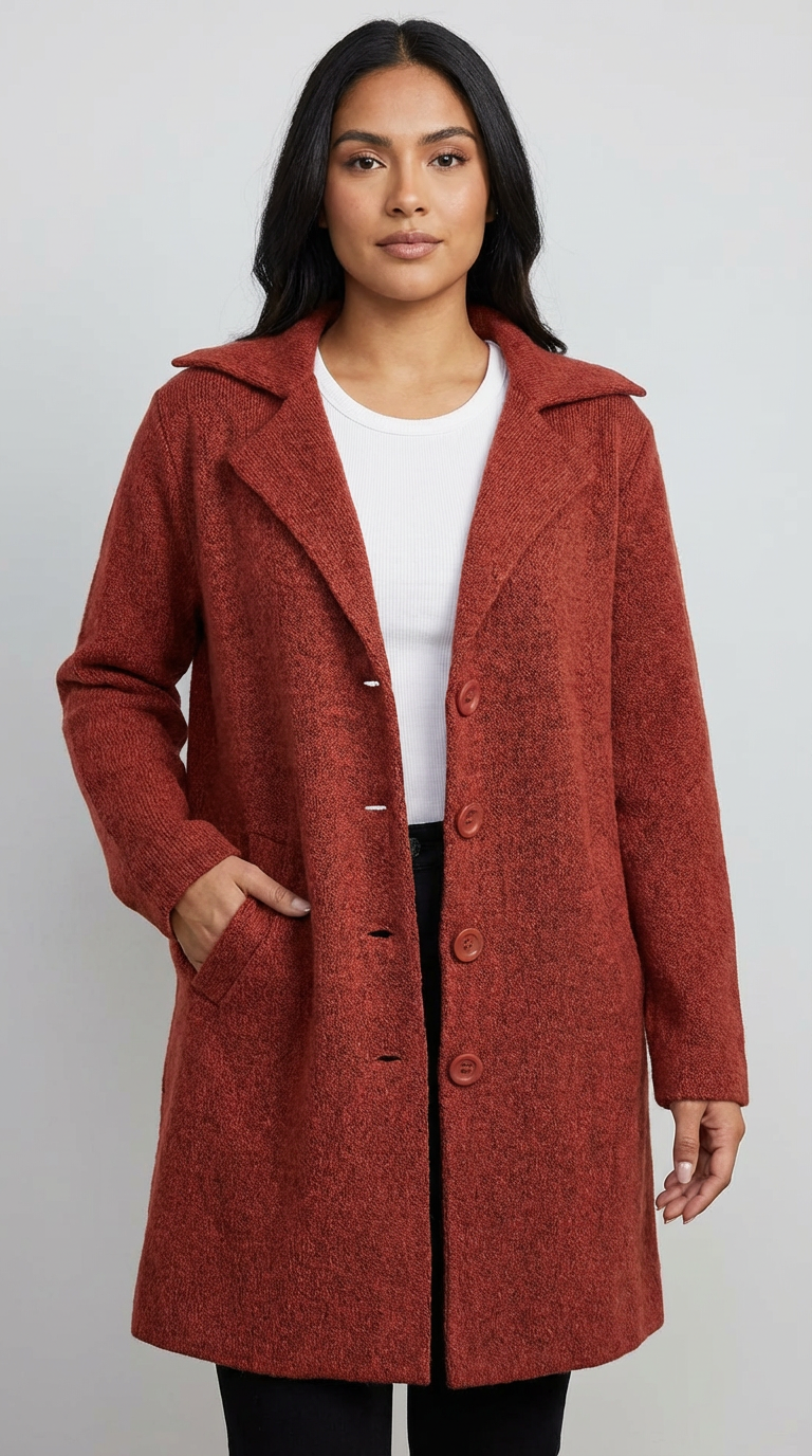 Lange casual damesmantel met omslagkraag