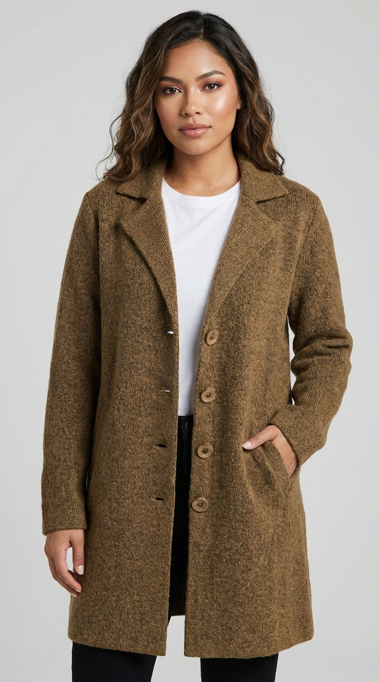 Lange casual damesmantel met omslagkraag