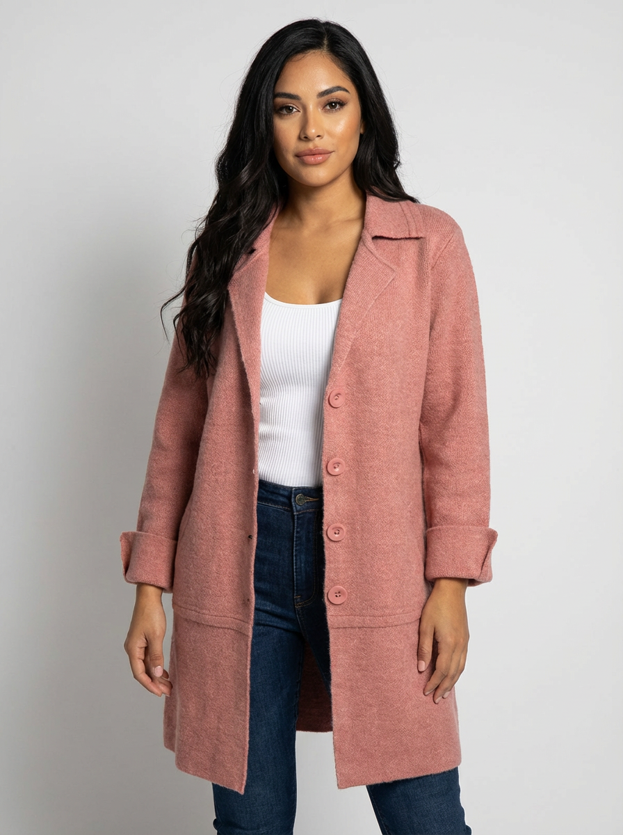 Lange casual damesmantel met omslagkraag