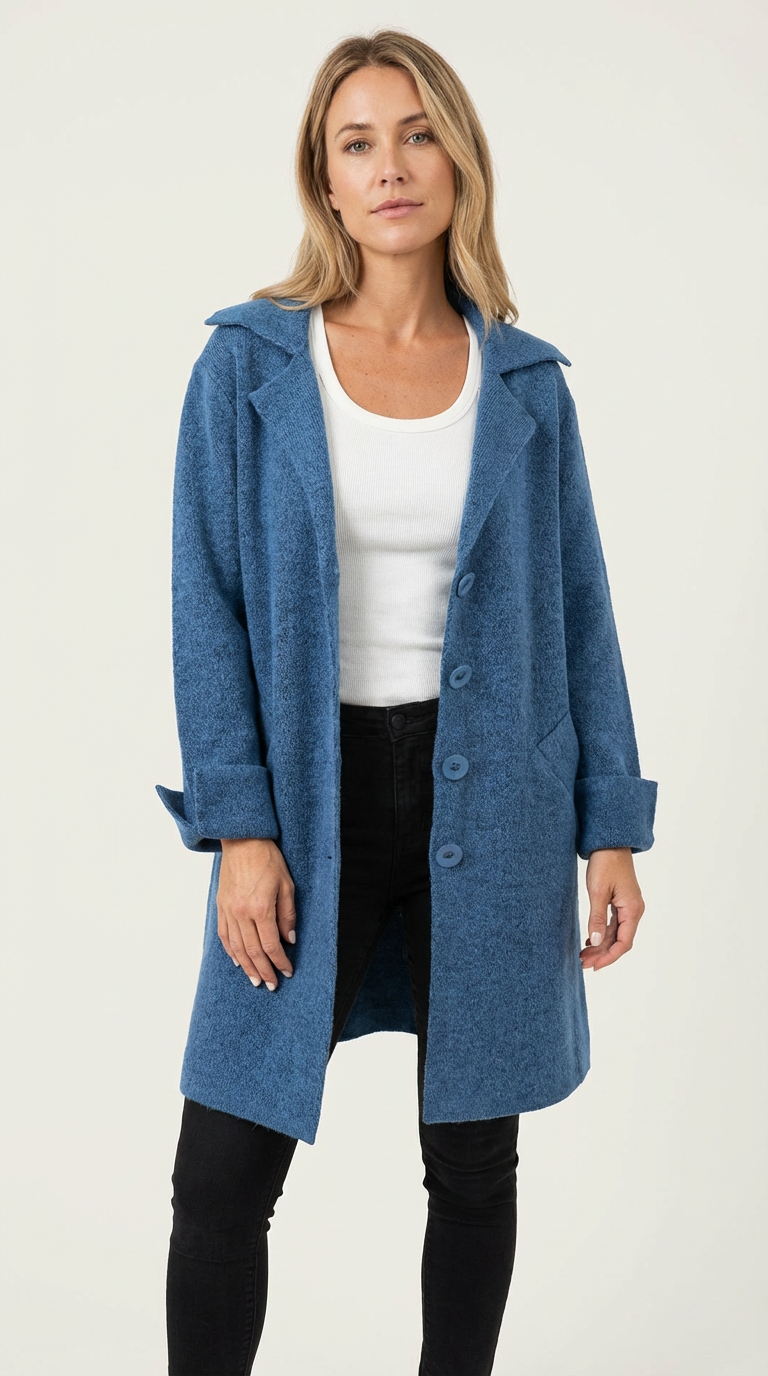 Lange casual damesmantel met omslagkraag