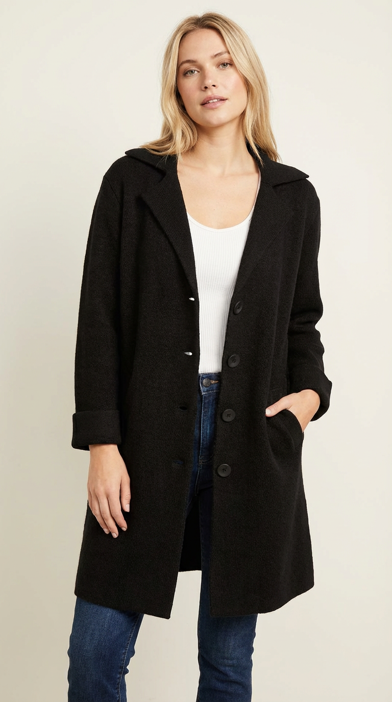 Lange casual damesmantel met omslagkraag