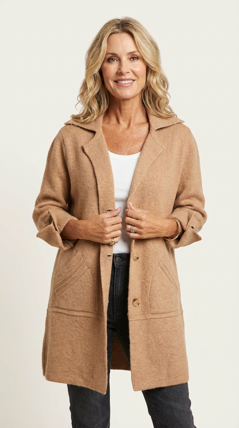 Lange casual damesmantel met omslagkraag