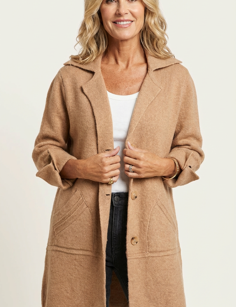 Long casual women's coat with shawl collar