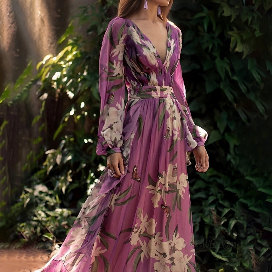 Lange chiffon jurk met bloemenprint en elegante V-hals