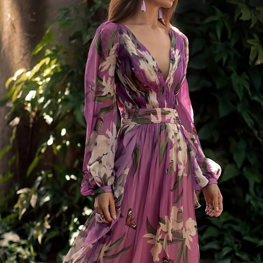 Lange chiffon jurk met bloemenprint en elegante V-hals