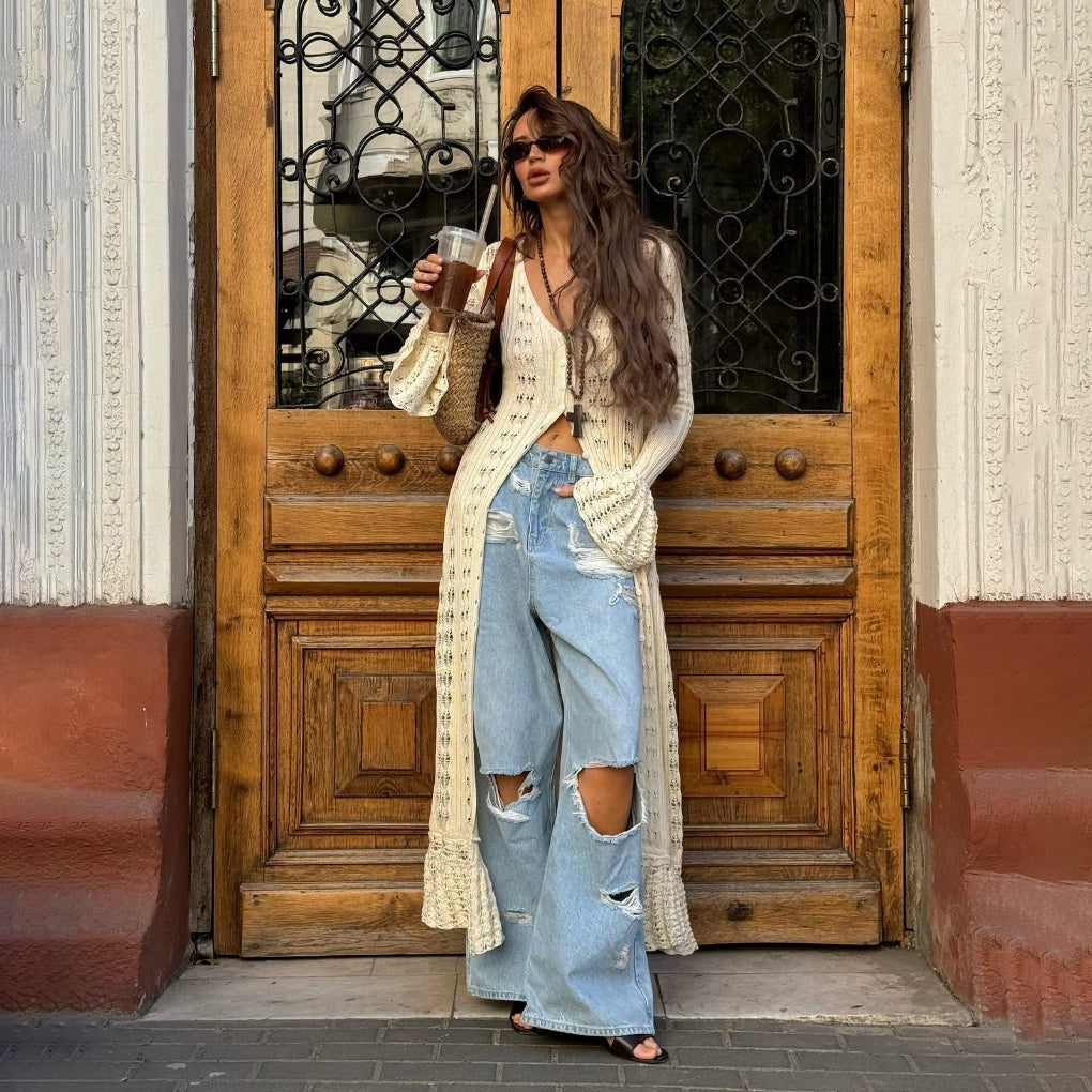 Lange gebreide dames cardigan met open structuur – Elowen