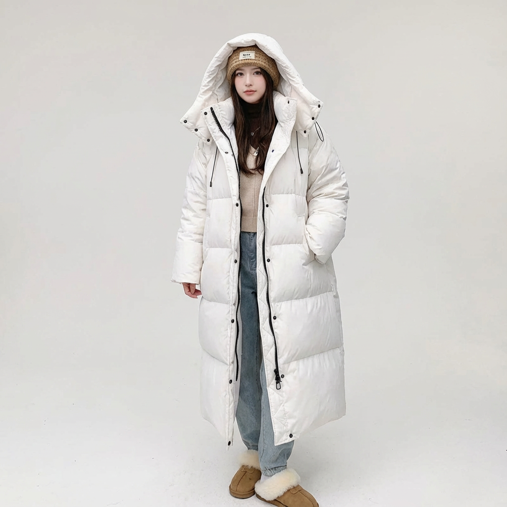 Lange geïsoleerde dames pufferjas met capuchon