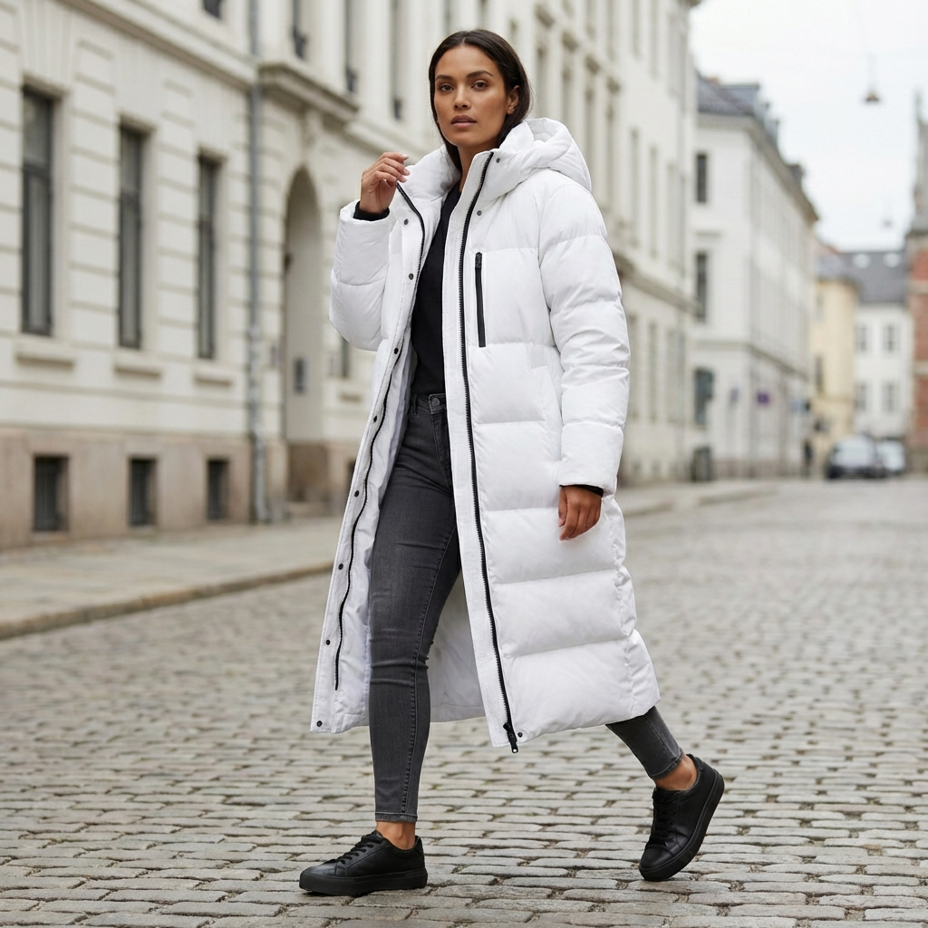 Lange gewatteerde dames winterjas met capuchon – Mathilde