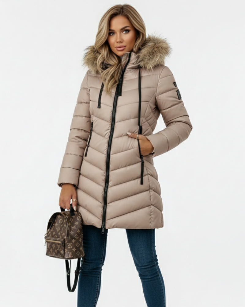 Lange gewatteerde dames winterjas met faux fur capuchon – Anne