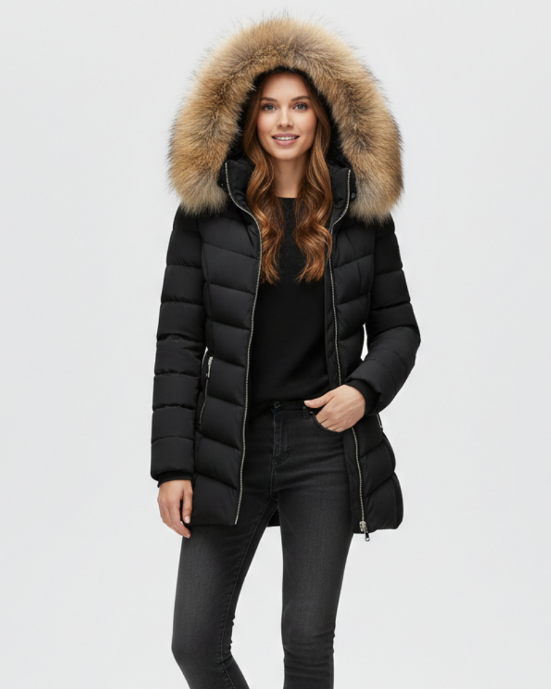 Lange gewatteerde dames winterjas met faux fur capuchon – Anne